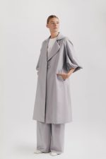 Elegant trench coat in premium wool, long, gray