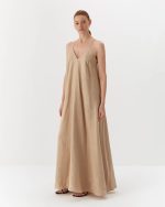 Dress with adjustable linen straps, long, beige - Image 2