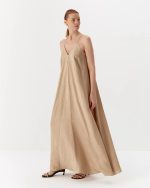 Dress with adjustable linen straps, long, beige
