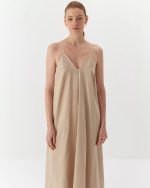 Dress with adjustable linen straps, long, beige - Image 3