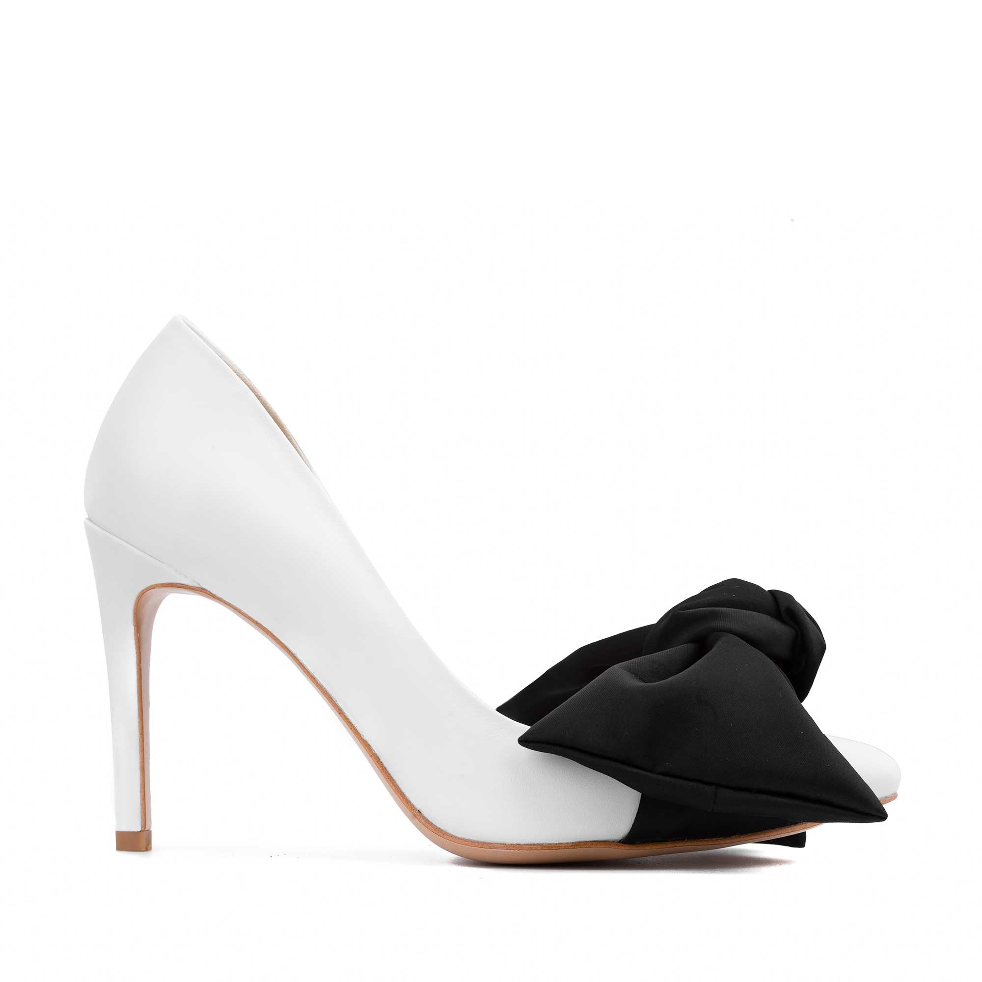 19a_1_f9eefb43-3350-45fe-945b-832430a6721b.jpg Samantha white leather and oversized black satin bow open sided stiletto - Image 1
