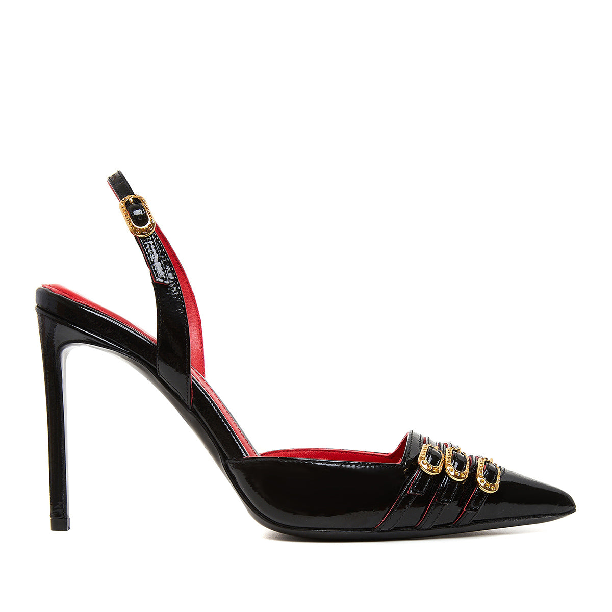 GINASLINGBACKBLACKPATENTLEATHERANDGOLDCRYSTALBUCKLES.jpg Gina Slingback Black Patent Leather - Image 1